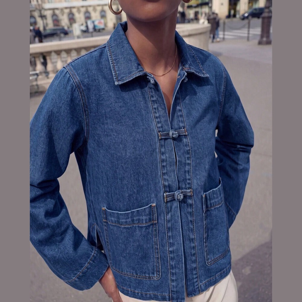 Blue Denim Knot Button Patch Pocket Chore Jacket